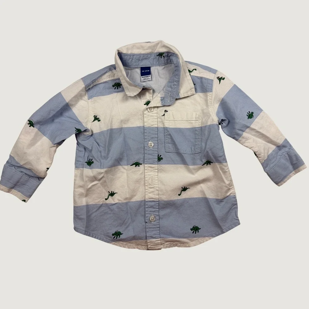 Old Navy Toddler Boys Blue White Striped Dinosaur Embroidered Button Down Shirt